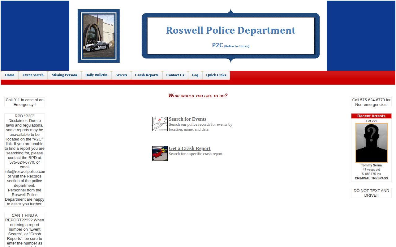 Chaves County Roswell Police P2C arrest-record and booking-photo interface